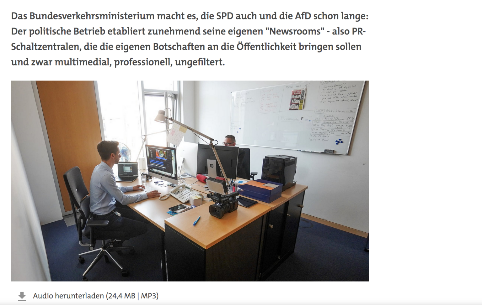 Screenshot von der SWR2-Website, SWR-Wissen Screenshot von der SWR2-Website, SWR-Wissen – Das 28-minütige SWR2-Hörfunk-Feature „Die Newsrooms der Politik – Verlautbarung statt Journalismus“ von Christian Kretschmer ist als Stream und Download abrufbar, außerdem ist ein PDF-Manuskript erhältlich