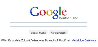 Das Bild zeigt die Startseite von Google mit einem Link auf die Google-Kampagne gegen das deutsche Gesetz zum Leistungsschutzrecht