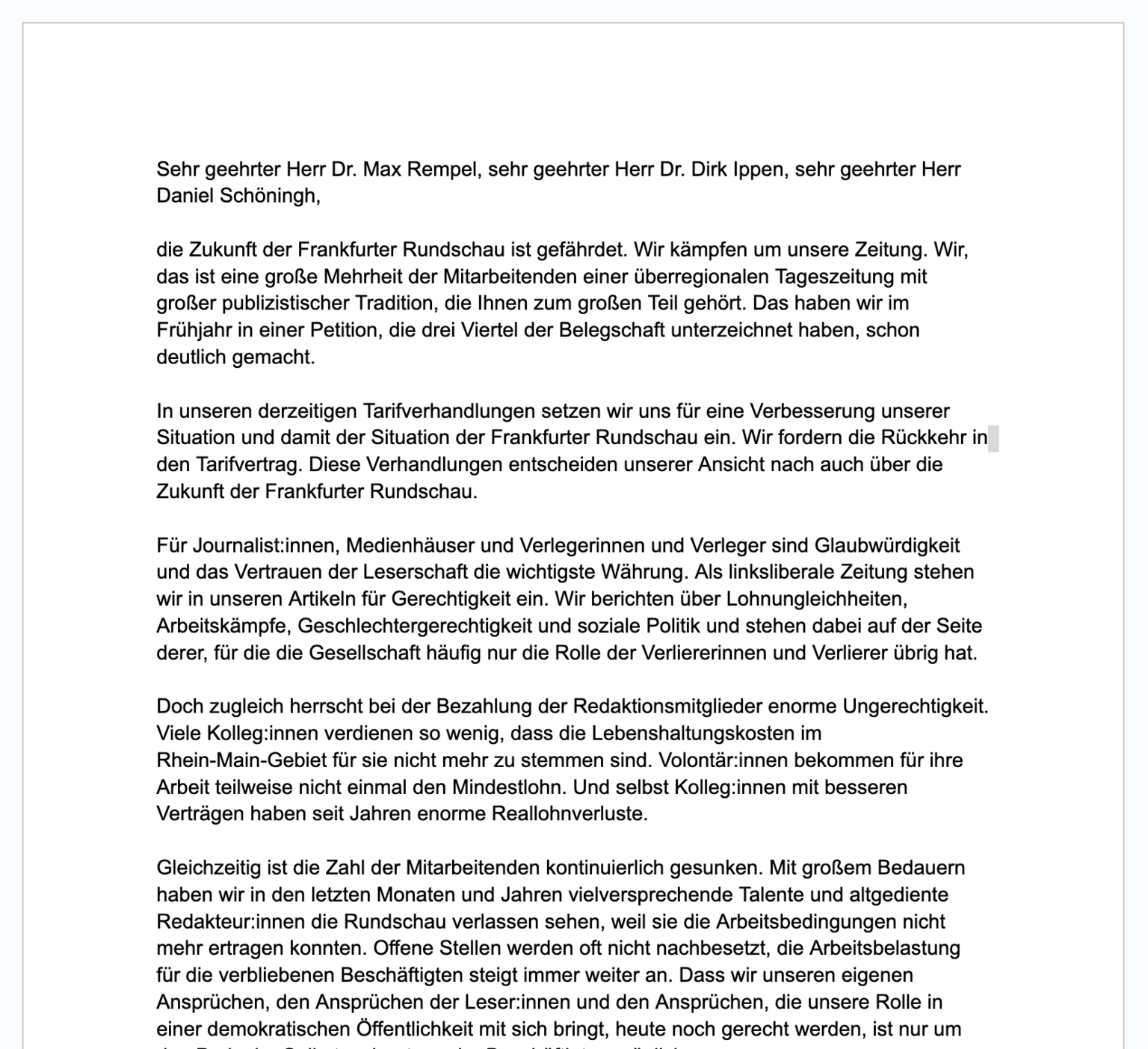 Offener Brief an Geschäftsführung Frankfurter Rundschau – Mit diesem Offenen Brief hat sich die Belegschaft an die Geschäftsführung der Frankfurter Rundschau gewendet.