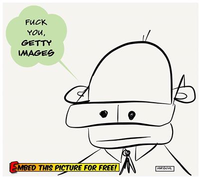 Ein Mann sagt: Fuck you, Getty Images. Das Bild darf kostenlos auf Website eingebettet werden, sagt der Vermerk auf Englisch. – 